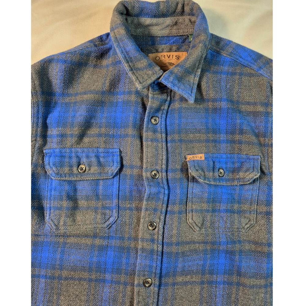 Orvis Flannel Shacket Mens Medium Blue Gray Plaid Long Sleeve w/ Side Pockets